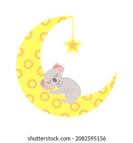 Baby koala bear sleeping on a yellow crescent. Moon and star. Cute and funny. Cartoon style. Graphic element. Good night. Kids bedroom. Post card, poster, print, wallpaper, textile, wrapping paper