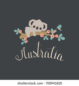 Baby koala laying on a floral tree, blue hummingbird near flowers. Hand lettering "Australia". Vector cartoon illustration