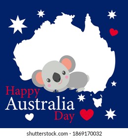 Baby koala lying and smiling. Flat cartoon style. Funny and cute. Australian national flag. Shape of map. Red, white and blue colors. Template for post cards and posters. Happy Australia Day