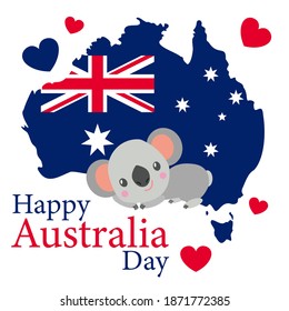 Baby koala lying and smiling. Flat cartoon style. Funny and cute. Australian national flag. Shape of map. Red and blue hearts. 26 of january. Template for post cards and posters. Happy Australia Day