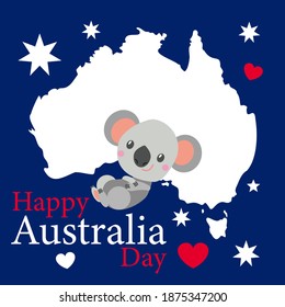 Baby koala lying and smiling. Flat cartoon style. Funny and cute. Australian national flag. Shape of map. Red, white and blue colors. Template for post cards and posters. Happy Australia Day