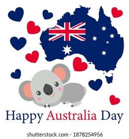 Baby koala lying and smiling. Flat cartoon style. Funny and cute. Australian national flag. Shape of map. Red and blue hearts. 26 of january. Template for post cards and posters. Happy Australia Day