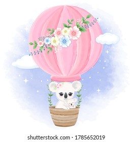 Baby Koala and mother on hot air balloon hand drawn cartoon animal illustration