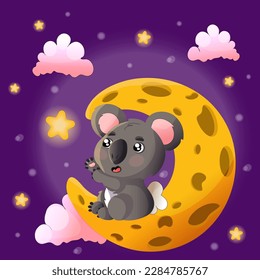 Baby Koala on the Moon. Children's design. Moon and stars. Cartoon Stile. For the design of postcards, posters, banners, covers, prints for mugs, t-shirts, books, social media, web