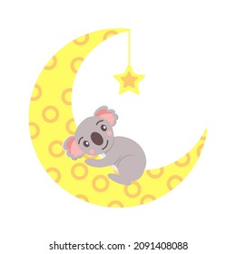 Baby koala sitting on a yellow crescent. Moon and star. Cute and funny. Cartoon style. Graphic design. Kids bedroom poster. For post cards,  print, wallpaper, textile and wrapping paper
