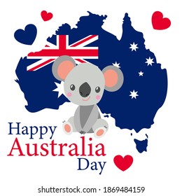 Baby koala sitting and smiling. Flat cartoon style. Funny and cute. Australian national flag. Shape of map. Red and blue hearts. 26 of january. Template for post cards and posters. Happy Australia Day