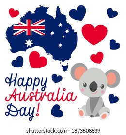 Baby koala sitting and smiling. Flat cartoon style. Funny and cute. Australian national flag. Shape of map. Red and blue hearts. 26 of january. Template for post cards and posters. Happy Australia Day