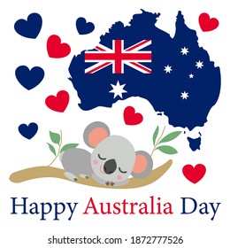 Baby koala sleeping on eucalyptus tree. Flat cartoon style. Funny and cute. Australian national flag. Shape of map. Red and blue hearts. Template for post cards and posters. Happy Australia Day