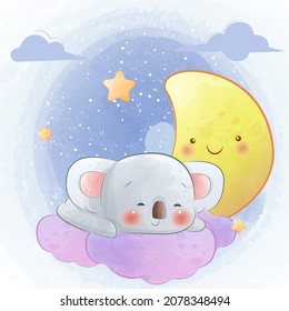 Baby koala sleeping on the moon watercolor illustration