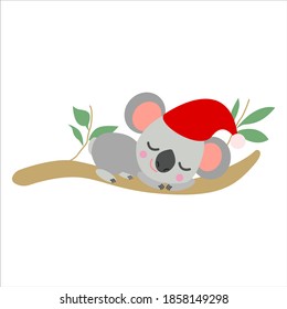 Baby koala sleeping in red Christmas hat on eucalyptus tree. Simple flat illustration. Minimalist cartoon style. Funny and cute. Australian animal. For children. For post cards, nursery and posters.