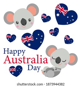 Baby koala smiling. Cute and funny. Flat cartoon style. Australian national flag. Red and blue hearts. White background. 26 of January. Template for post cards, banners, posters. Happy Australia Day