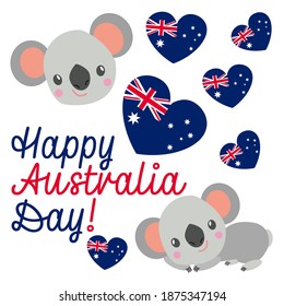 Baby koala smiling. Cute and funny. Flat cartoon style. Australian national flag. Red and blue hearts. White background. 26 of January. Template for post cards, banners, posters. Happy Australia Day