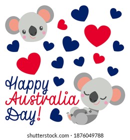 Baby koala smiling. Cute and funny. Flat cartoon style. Australian national flag. Red and blue hearts. White background. 26 of January. Template for post cards, banners, posters. Happy Australia Day