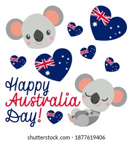 Baby koala smiling. Cute and funny. Flat cartoon style. Australian national flag. Red and blue hearts. White background. 26 of January. Template for post cards, banners, posters. Happy Australia Day