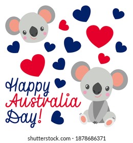 Baby koala smiling. Cute and funny. Flat cartoon style. Australian national flag. Red and blue hearts. White background. 26 of January. Template for post cards, banners, posters. Happy Australia Day