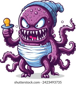 baby kraken in a diaper cap and a pacifier in his hand vector drawing illustration