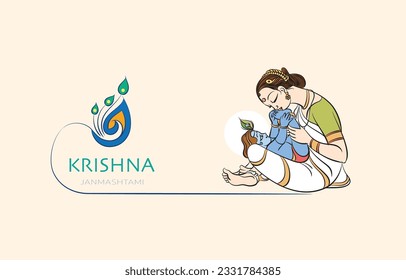 baby krishna with mother vector color illustration for krishna janmashtami