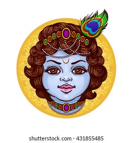 Baby Krishna with ornament on background. Vector cartoon illustration of hindu god, isolated characters.