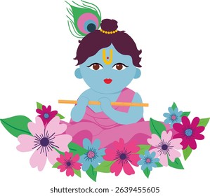 baby krishna with peacock feather and colorful flowers janmashtami hindu festival vector isolated illustration