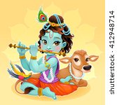 Baby Krishna with sacred cow. Vector cartoon illustration.