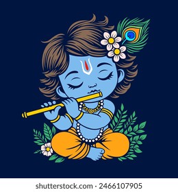 Baby Krishna sits in lotus position and plays the flute, Cute kid Lord Krishna vector illustration in cartoon style. Hindu deity.