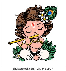 Baby Krishna sits in lotus position and plays the flute, Cute kid Lord Krishna vector illustration. God in Hinduism