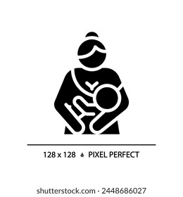 Baby lactation black glyph icon. Breastfeeding, childcare. Breast suckling, newborn holding. Human reproduction biology. Silhouette symbol on white space. Solid pictogram. Vector isolated illustration