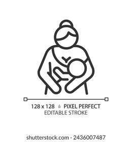 Baby lactation linear icon. Breastfeeding, childcare. Breast suckling, newborn holding. Human reproduction biology. Thin line illustration. Contour symbol. Vector outline drawing. Editable stroke