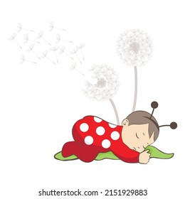 baby ladybug and dandelion flower