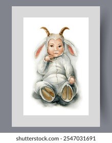 Baby in lamb or goat costume sits on floor and looks at screen on print. Watercolor poster. Artwork with newborn in form of lamb with hooves and horns, in frame with decor for wall art