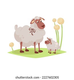 Baby lamb and sheep mom cartoon illustration. Cute little animals playing games, having fun with parents isolated on white background. Pet, friendship, greeting concept