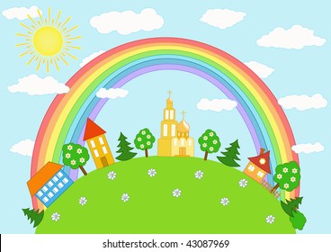 Baby landscape. Rainbow. Vector  illustration.