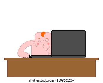 Baby laptop working. Child and notebook. vector illustration
