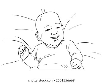 A baby is laughung on bed. Illustration in outline and vector format. This is not an AI Generated content.