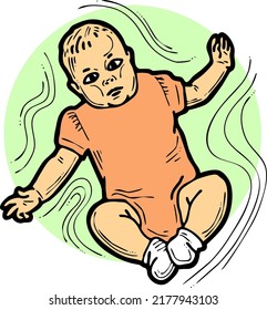 Baby laying, moving arms and legs. Nice dressed little child. New family member. Hand drawn illustration for event celebration design, postcard, invitation or poster. Cartoon character vector drawing.