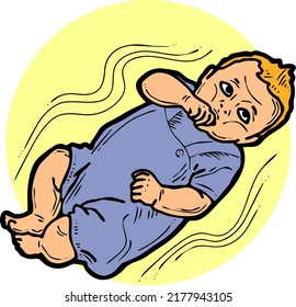 Baby laying, moving arms and legs. Nice dressed little child. New family member. Hand drawn illustration for event celebration design, postcard, invitation or poster. Cartoon character vector drawing.