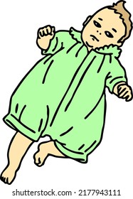 Baby laying, moving arms and legs. Nice dressed little child. New family member. Hand drawn illustration for event celebration design, postcard, invitation or poster. Cartoon character vector drawing.