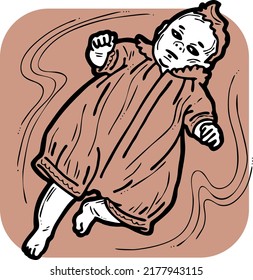 Baby laying, moving arms and legs. Nice dressed little child. New family member. Hand drawn illustration for event celebration design, postcard, invitation or poster. Cartoon character vector drawing.