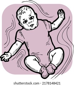 Baby laying, moving arms and legs. Nice dressed little child. New family member. Hand drawn illustration for event celebration design, postcard, invitation or poster. Cartoon character vector drawing.