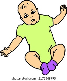Baby laying, moving arms and legs. Nice dressed little child. New family member. Hand drawn illustration for event celebration design, postcard, invitation or poster. Cartoon character vector drawing.
