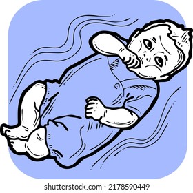 Baby laying, moving arms and legs. Nice dressed little child. New family member. Hand drawn illustration for event celebration design, postcard, invitation or poster. Cartoon character vector drawing.