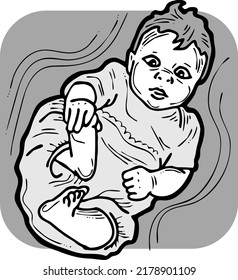 Baby laying, moving arms and legs. Nice dressed little child. New family member. Hand drawn illustration for event celebration design, postcard, invitation or poster. Cartoon character vector drawing.