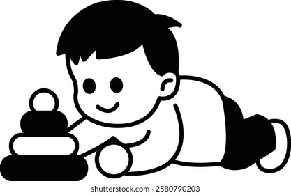 A baby is laying on the ground and playing with a stack of blocks. Concept of innocence and curiosity, as the baby explores the blocks and learns about their shapes and sizes