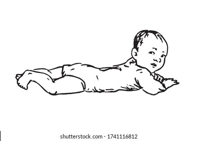 Baby laying on tummy, hand drawn doodle, drawing in gravure style, sketch illustration