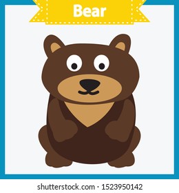 Baby learning cards with animal names. Learning to read. Educational game for children. Funny bear. Vector flat illustration on white background.