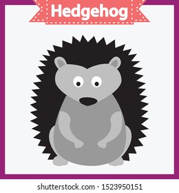 Baby learning cards with animal names. Learning to read. Educational game for children. Funny hedgehog. Vector flat illustration on white background.