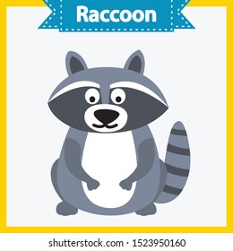 Baby learning cards with animal names. Learning to read. Educational game for children. Funny raccoon. Vector flat illustration on white background.