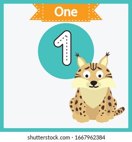 Baby learning cards with animals. Learning to count and to write numbers. Handwriting practice sheet. Educational game for children. Number 1 with lynx