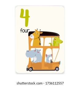 Baby learning cards with animals. Educational for children. Number four with giraffe, alligator, cat, hippopotamus. Cute animals traveling by car.