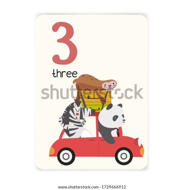Baby learning cards with animals. Educational for\
children. Number three with panda, zebra, sloth. Cute animals\
traveling by car.
